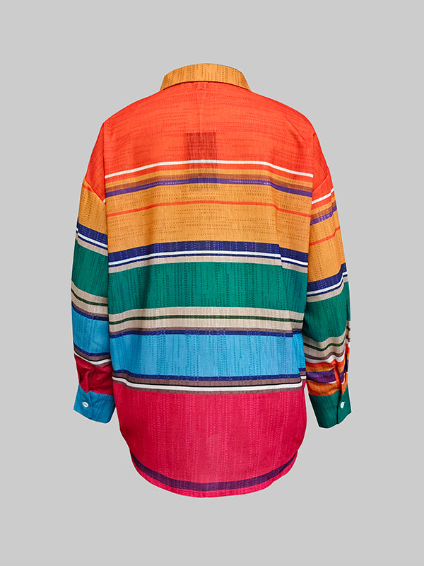 Loose-Fit Long Sleeve Button-Up Blouse with Contrast Color Lapel