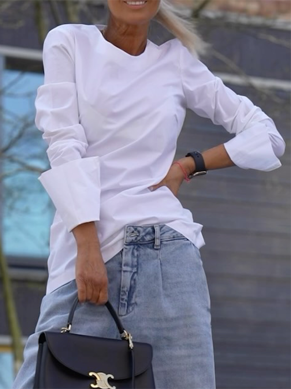 Relaxed Fit Long Sleeve Solid Color Round Neck T-Shirts