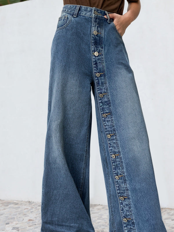 High-Waisted Loose-Fit Jeans with Buttoned Pockets