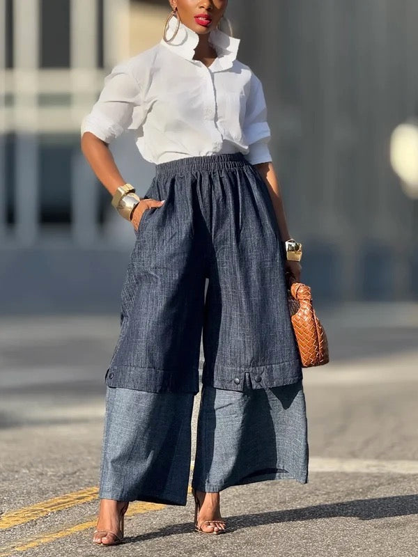 Loose-Fit Wide Leg Stretch Denim Trousers