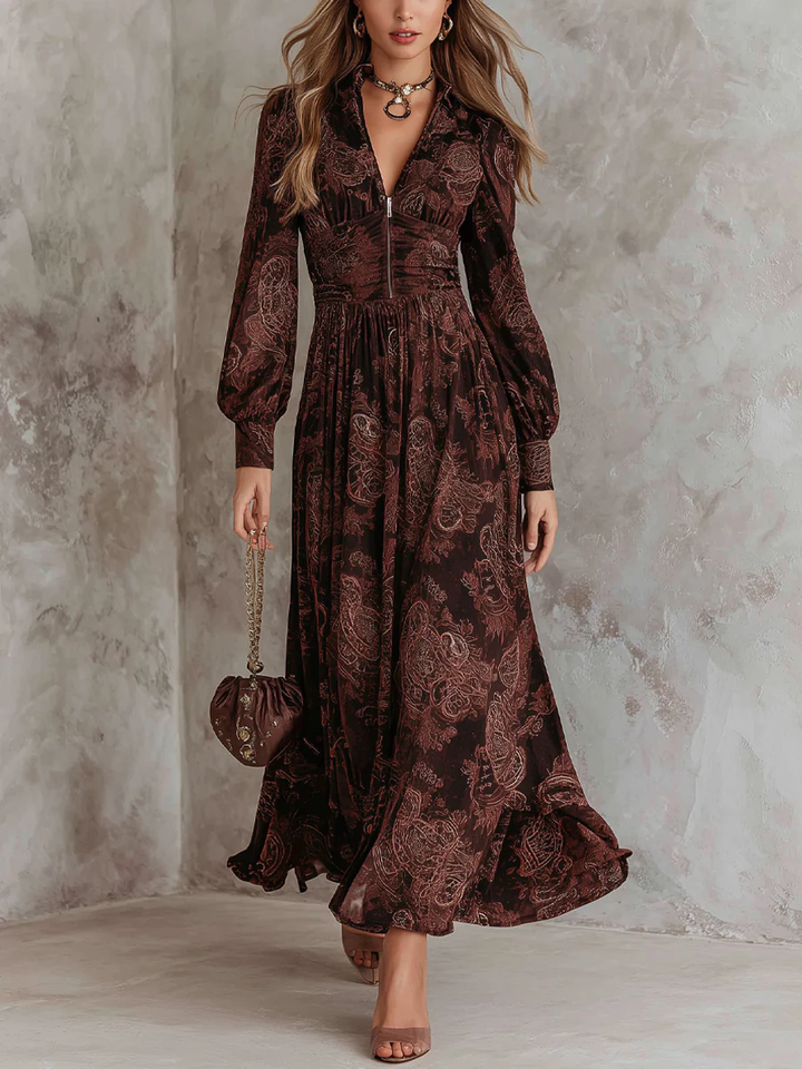Maxi Dress with Brown Paisley Print and Zippered Waist