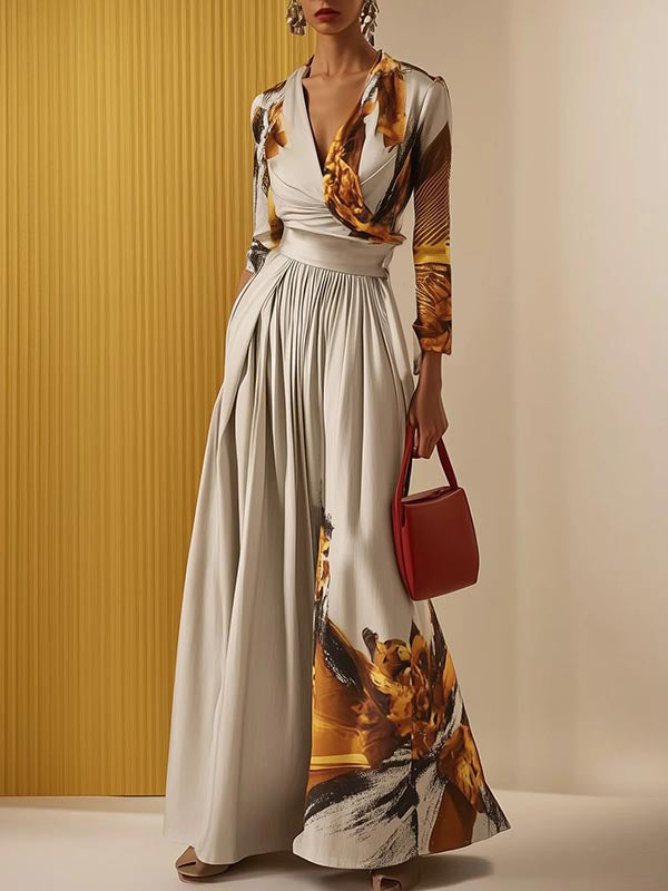 Floral Print Long Sleeve V-Neck Pleated Jumpsuit with Split Detail