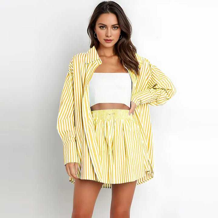 TIFY™ – Stylish Striped Collared Shirt & Wide-Leg Shorts Ensemble