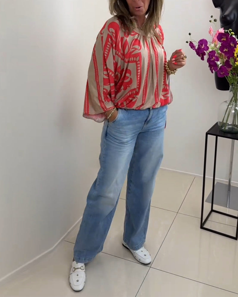 חולצה קז'ואלית עם צווארון עגול והדפסה ושרוולים ארוכים