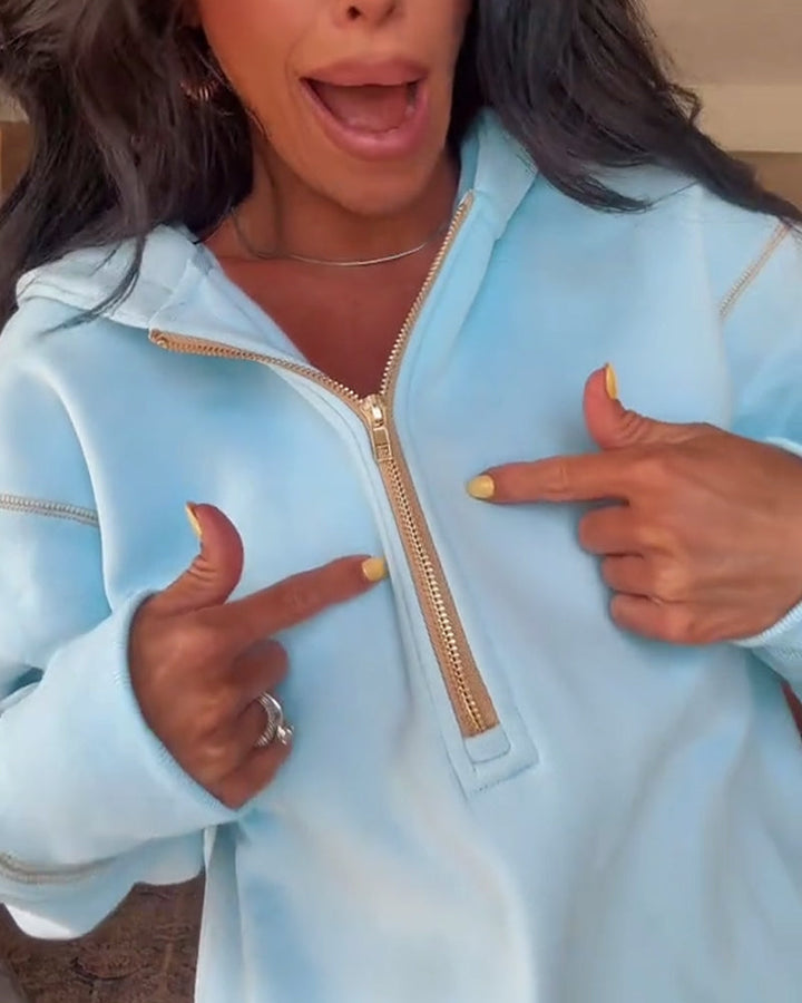 Solid Color Zippered Casual Hoodie Sweatshirt