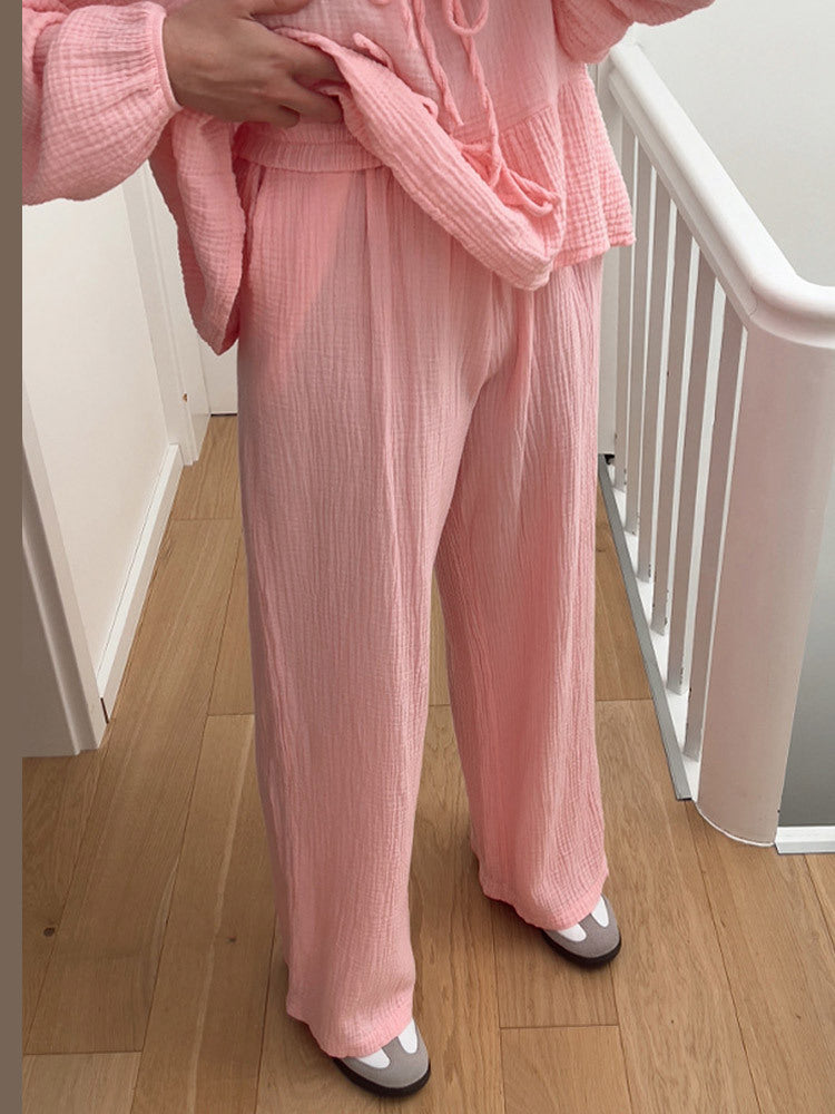 סט תואם של טופ ומכנסיים בצבע אחיד עם שרוכים