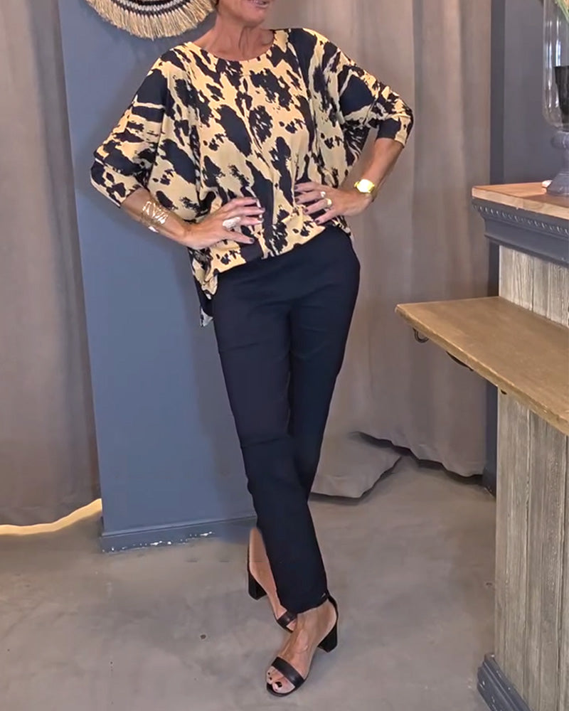 Printed Round Neck Blouse with Slit
