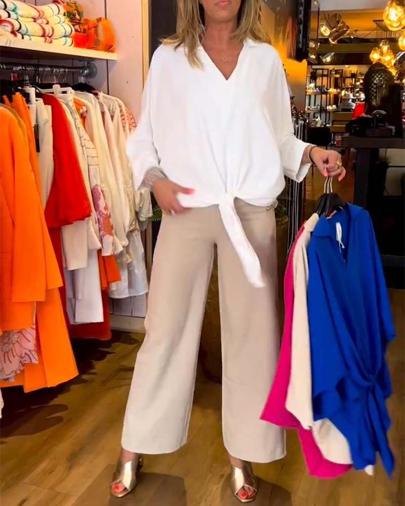 V-Neck Solid Color Blouse