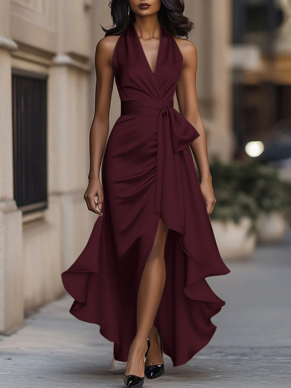V-Neck Maxi Dress with Tied Waist and High-Low Ruffle Trim in Solid Colors