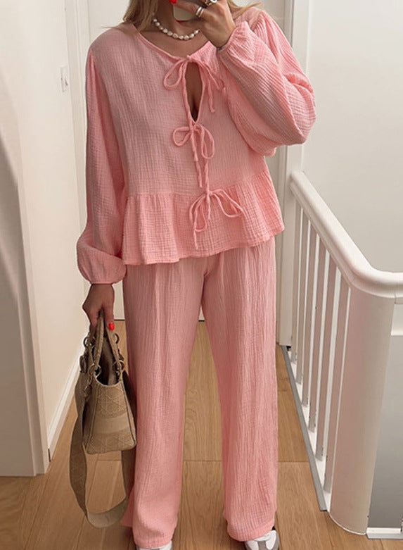 סט תואם של טופ ומכנסיים בצבע אחיד עם שרוכים