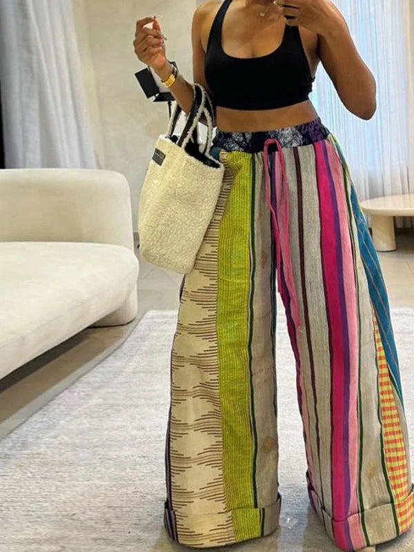 Casual Striped Wide Leg Pants with Contrast Color and Drawstring