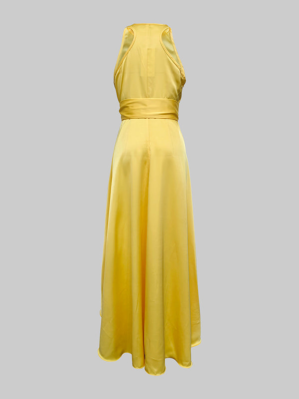 V-Neck Maxi Dress with Tied Waist and High-Low Ruffle Trim in Solid Colors