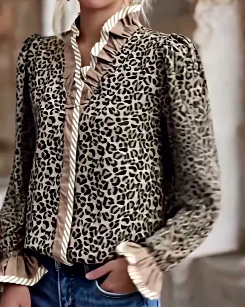 Leopard Print Long Sleeve Blouse for Casual Wear