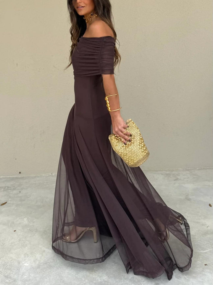 Brown One-Shoulder Mesh Maxi Gown