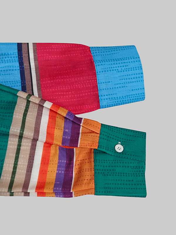 Loose-Fit Long Sleeve Button-Up Blouse with Contrast Color Lapel