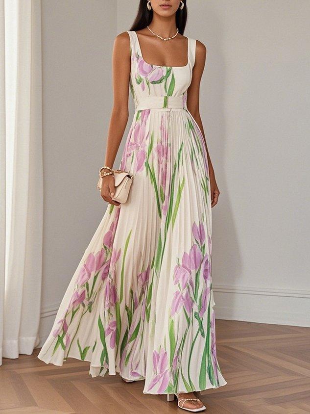 Floral Chiffon A-Line Maxi Dress with White Pleats and Square Neckline