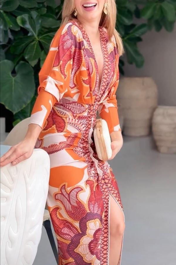 Distinctive Print Long Sleeve Ruched Midi Dress with Slit