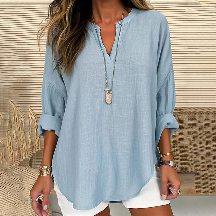 Casual Loose-Fit Long Sleeve V-Neck Blouse in Solid Colors
