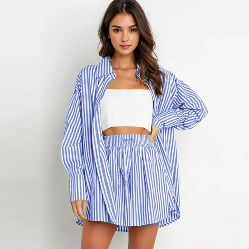 TIFY™ – Stylish Striped Collared Shirt & Wide-Leg Shorts Ensemble