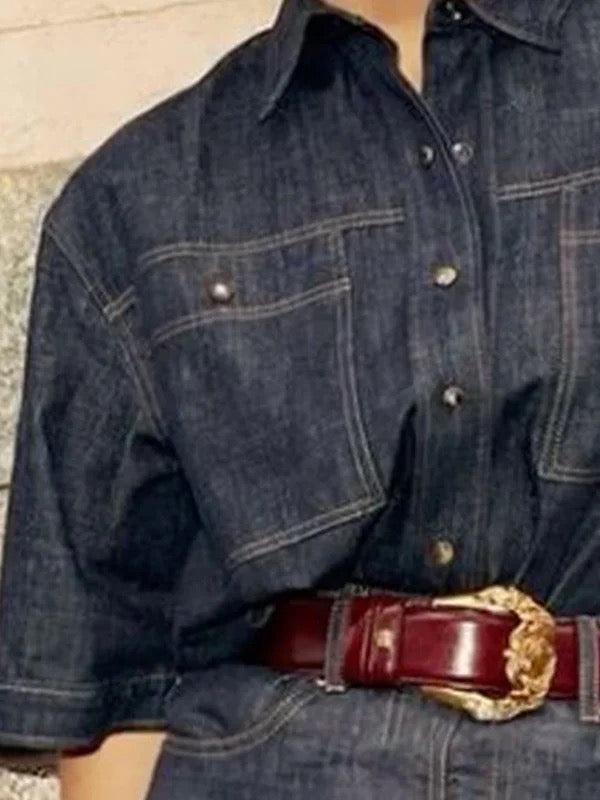 Loose-Fit Half Sleeve Button-Up Lapel Blouses & Shirts