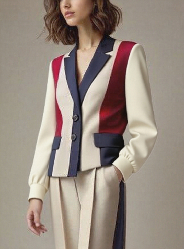 Contrast Color Long Sleeve Button-Up Jacket with Pleated Pockets and Notched Collar