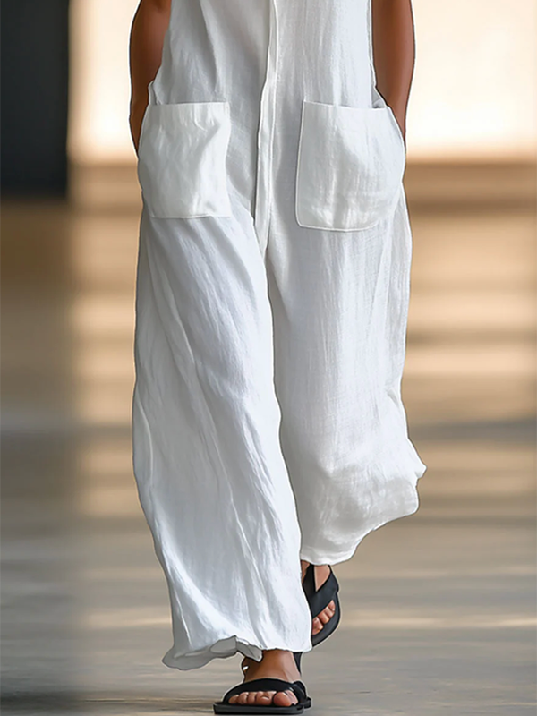 Relaxed Fit Sleeveless Solid Color Round-Neck Jumpsuit with Split Design