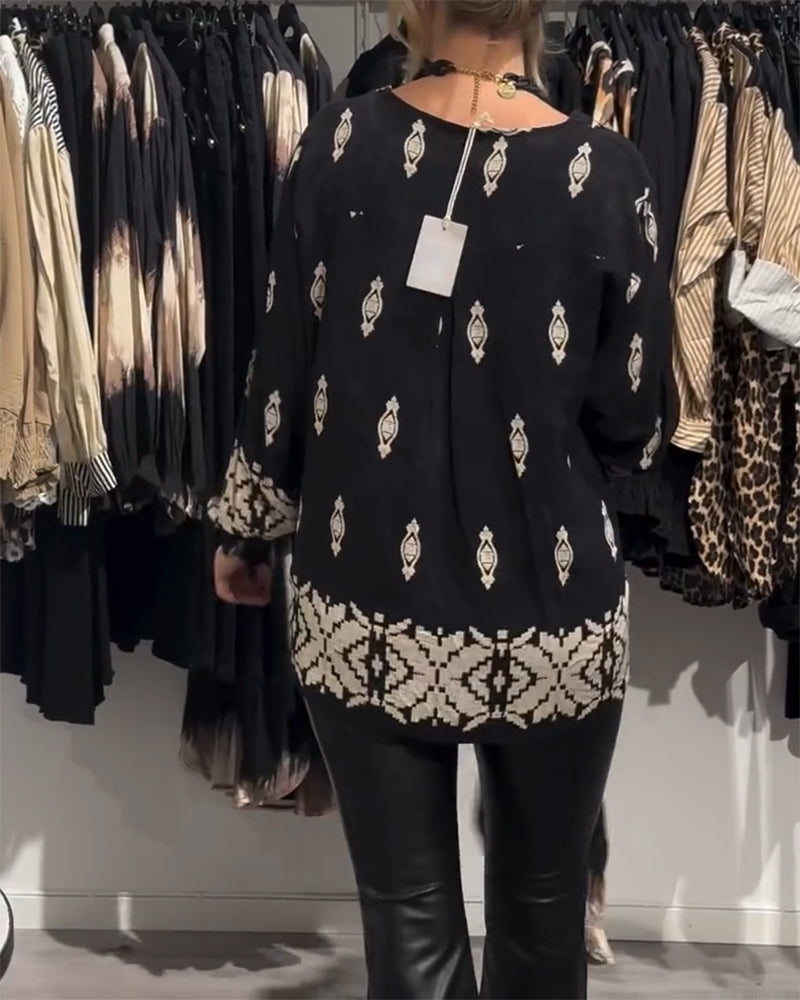 Printed V-Neck Shirt with Lantern Sleeves