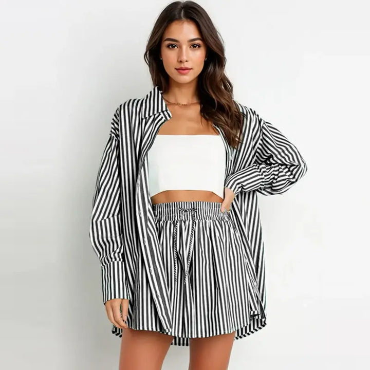 TIFY™ – Stylish Striped Collared Shirt & Wide-Leg Shorts Ensemble