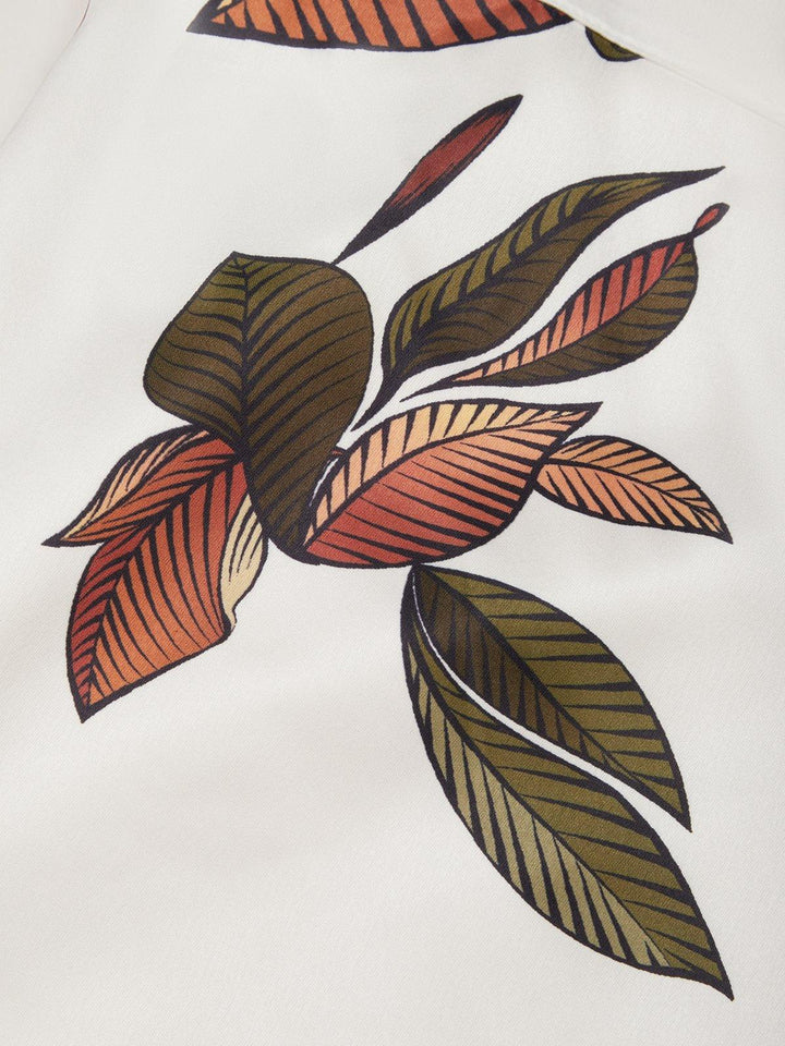 White Leaf Satin Wrap Midi Dress with Short Sleeves