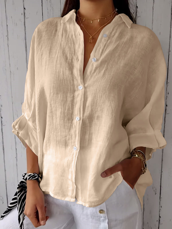 Solid Color Casual Shirt in Cotton and Linen Blend