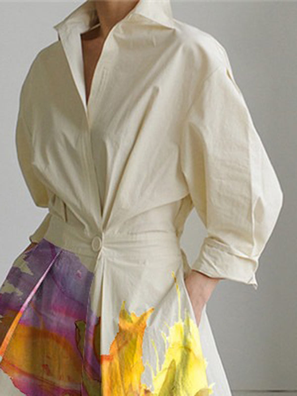 Floral Print Midi Shirt Dress with Long Sleeves, Pleated Design, Tied Waist, and Split-Joint Detail
