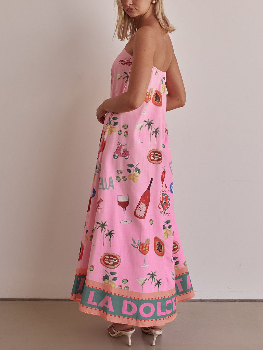 Vacation Print Dress with Pink Tube Top