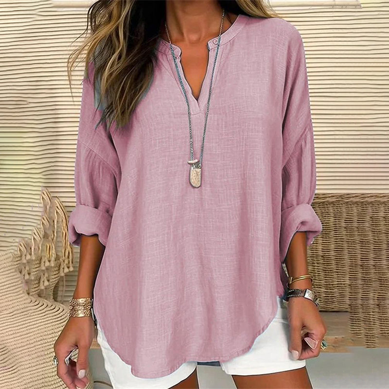 Casual Loose-Fit Long Sleeve V-Neck Blouse in Solid Colors