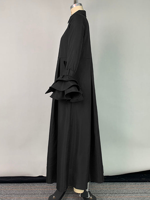 Maxi Shirt Dress with Flared Sleeves, Pleated Design, and Split-Joint Lapel