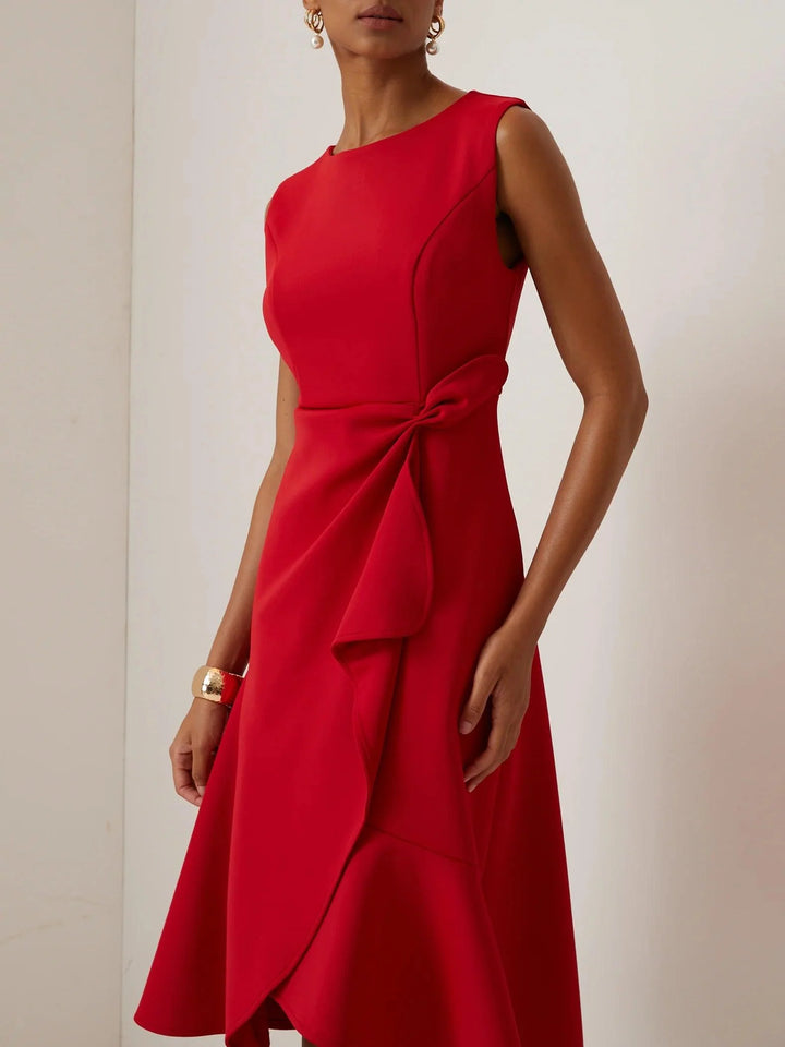 Elegant Red A-Line Midi Dress with Waist Twist - Perfect for Day to Night