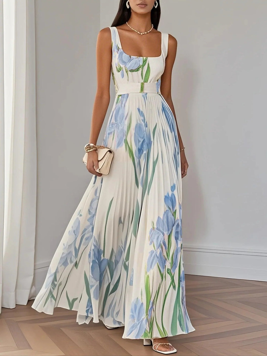 Floral Chiffon A-Line Maxi Dress with White Pleats and Square Neckline