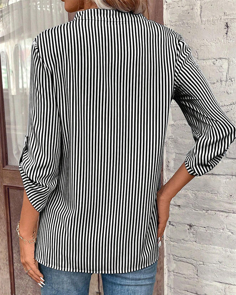 Striped Print V-Neck Casual Blouse