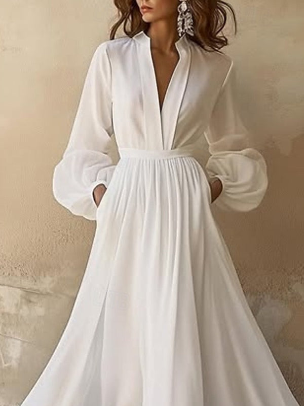White Maxi Dress with V-Neck and Ruffled Lantern Sleeves