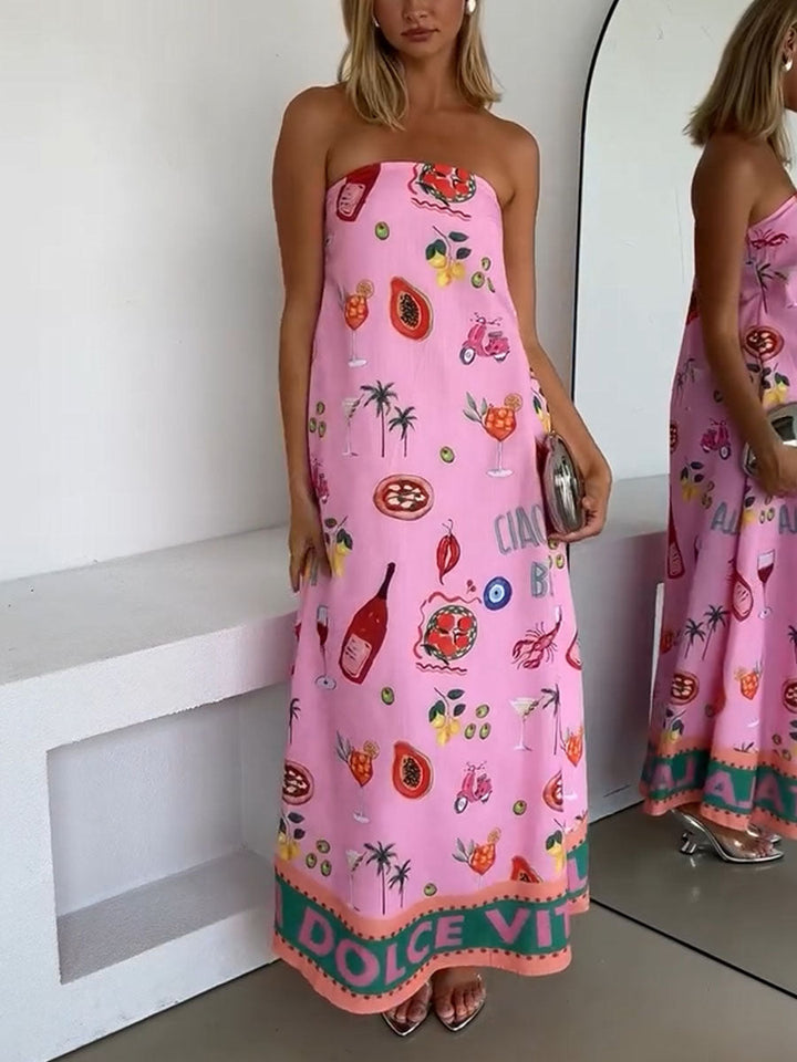 Vacation Print Dress with Pink Tube Top