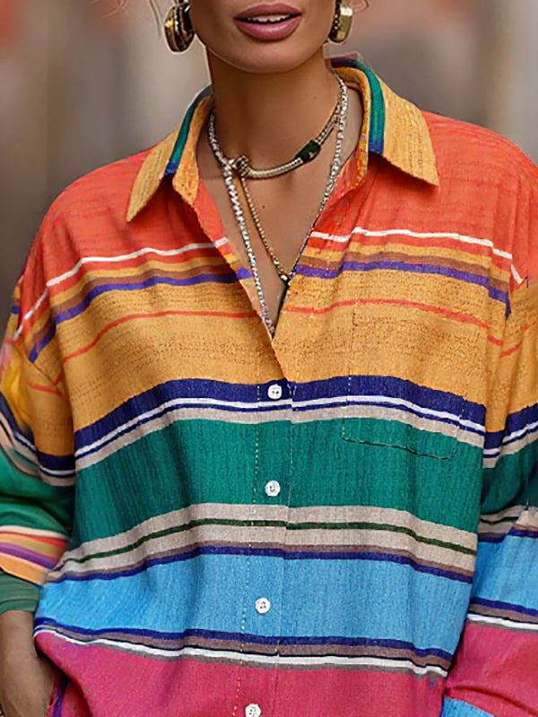 Loose-Fit Long Sleeve Button-Up Blouse with Contrast Color Lapel