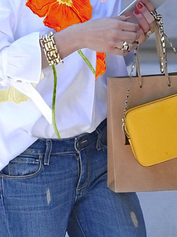 Flared Sleeve Floral Print Long Sleeve Blouse with Tied Stand Collar