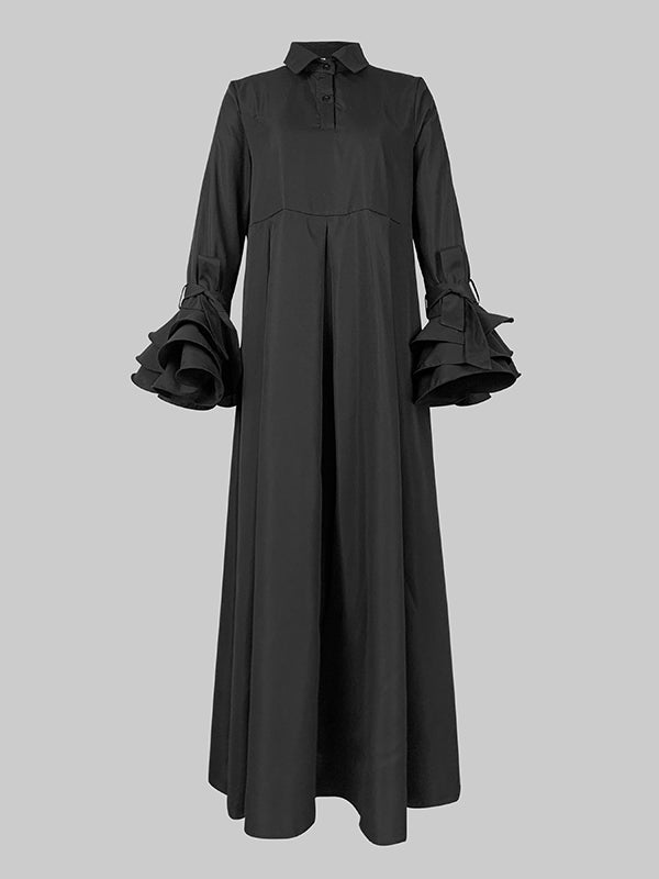 Maxi Shirt Dress with Flared Sleeves, Pleated Design, and Split-Joint Lapel