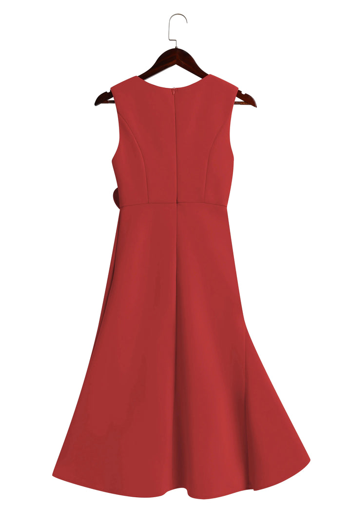 Elegant Red A-Line Midi Dress with Waist Twist - Perfect for Day to Night