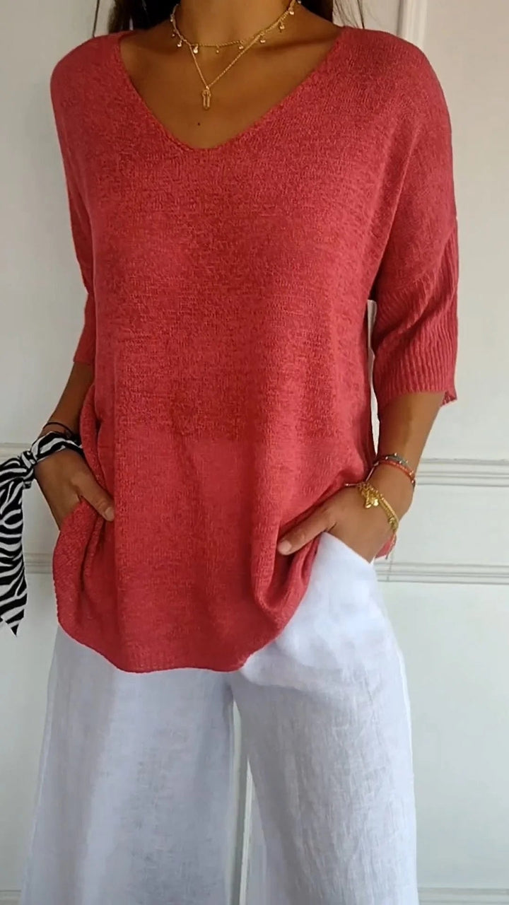 V-Neck Solid Color Knit Top