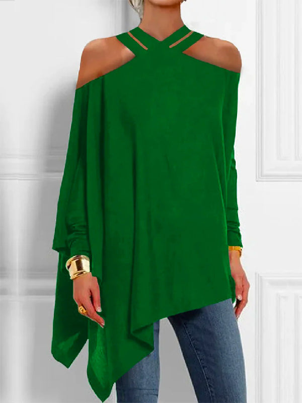 Loose Asymmetric Hollow Cold Shoulder Solid Color Blouses & Tops