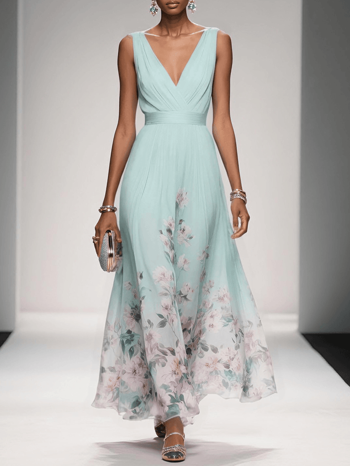 Light Blue Floral Chiffon V-Neck Sleeveless A-Line Maxi Gown