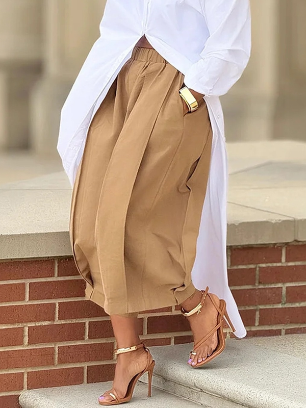 Relaxed Fit Wide Leg Pleated Pants with Pockets - Solid Color