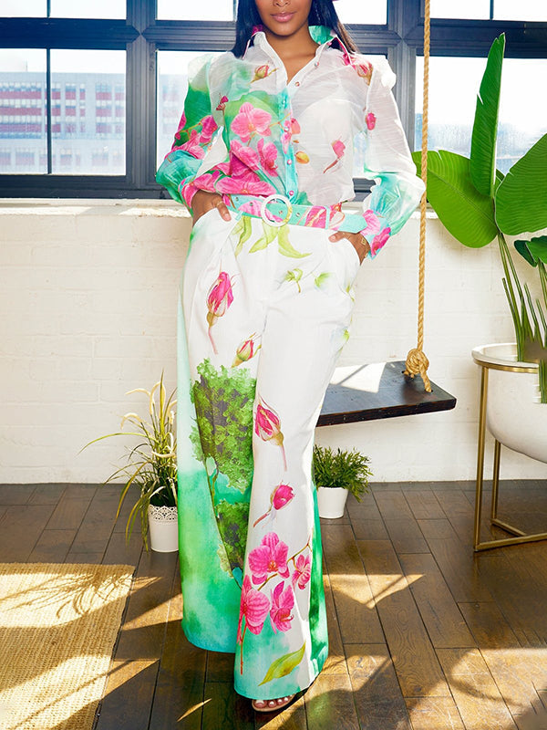 Floral Print Long Sleeve Sheer Gauze Blouse with Split-Joint Lapel