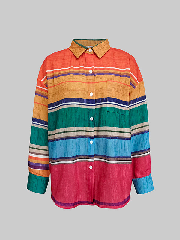 Loose-Fit Long Sleeve Button-Up Blouse with Contrast Color Lapel