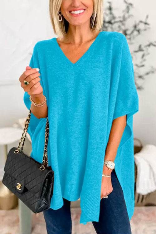Stylish V-Neck Loose-Fit Solid Poncho Sweater